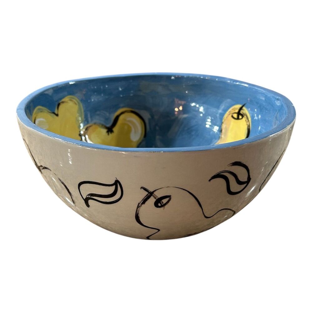 Signed KAJ Hand Painted Studio Art Pottery Bowl Abstract Pear Blue Yellow